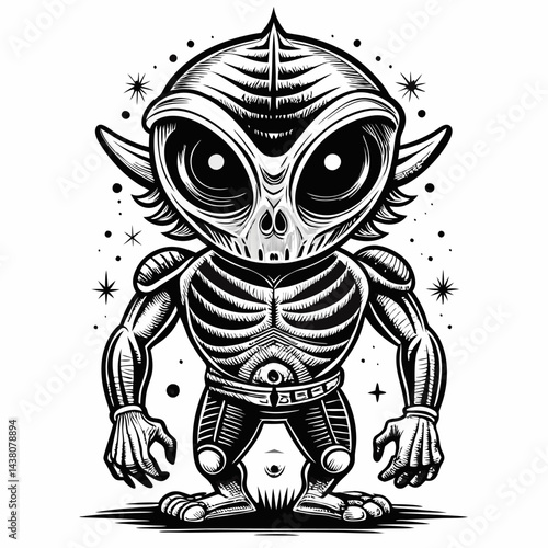 Retro Alien Character with Big Eyes and Cosmic Design in Vintage Black and White Style