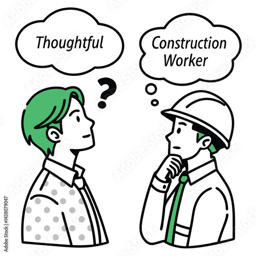 Two Thinking Men, Question Mark, Hard Hat, Side View, Green Hair, Outlined, Line Art
