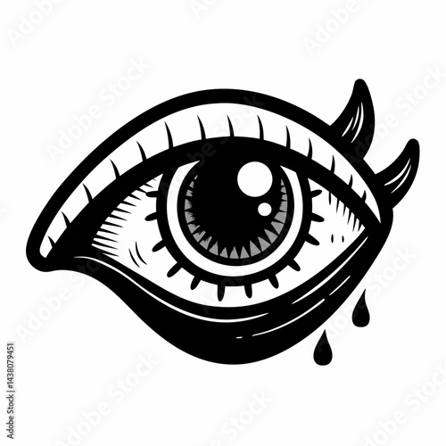 Bold Black and White Eye Illustration with Tear Drops and Horns