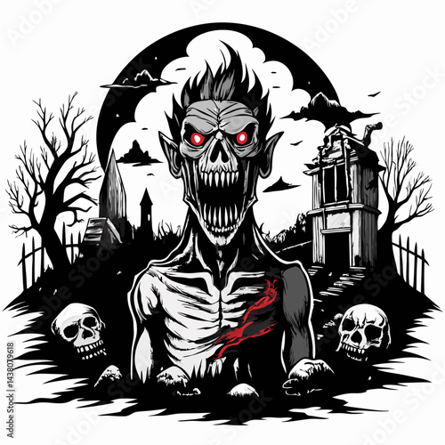 Spooky Graveyard Scene with Undead Creature and Skulls at Night