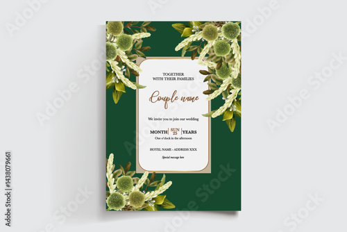 WEDDING INVITATION FRAME WITH FLOWER DECORATIONS AND FRESH LEAVES