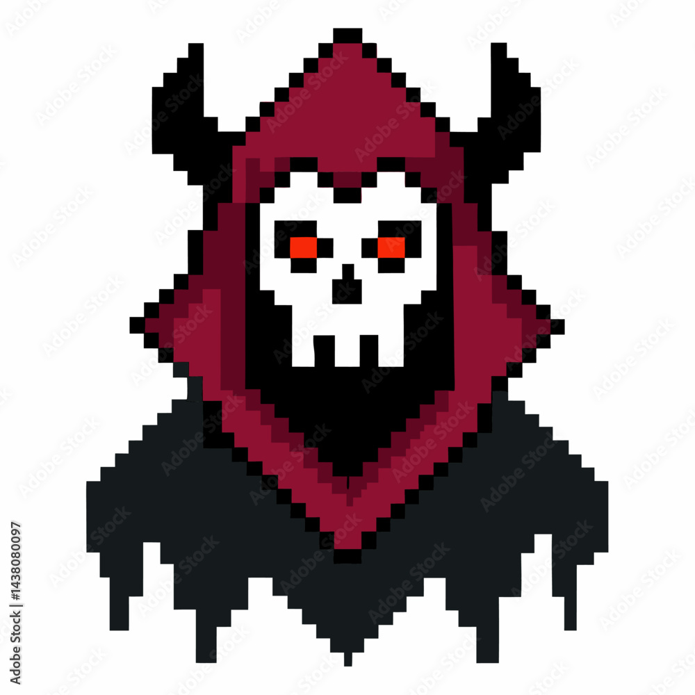 Fototapeta premium Pixel Art Hooded Skull with Horns 8 Bit Retro Gaming Character Icon