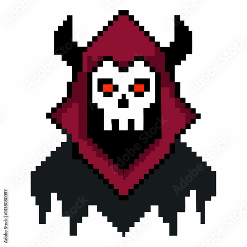 Pixel Art Hooded Skull with Horns   8 Bit Retro Gaming Character Icon