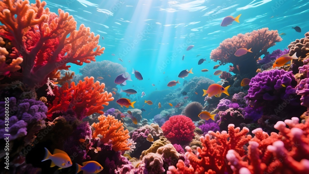 Naklejka premium A vibrant underwater image of a coral reef teeming with life