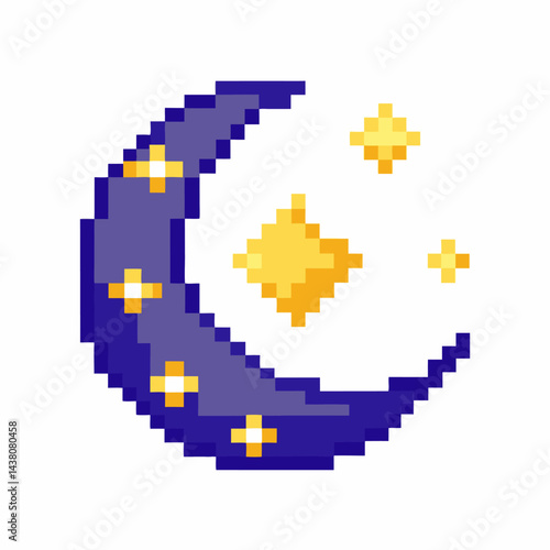 Pixel Art Crescent Moon with Stars on White Background  Retro Gaming Style Night Sky Illustration