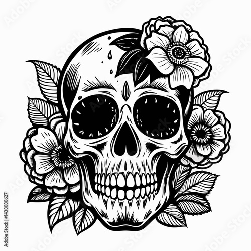 Skull with floral design in black and white tattoo style