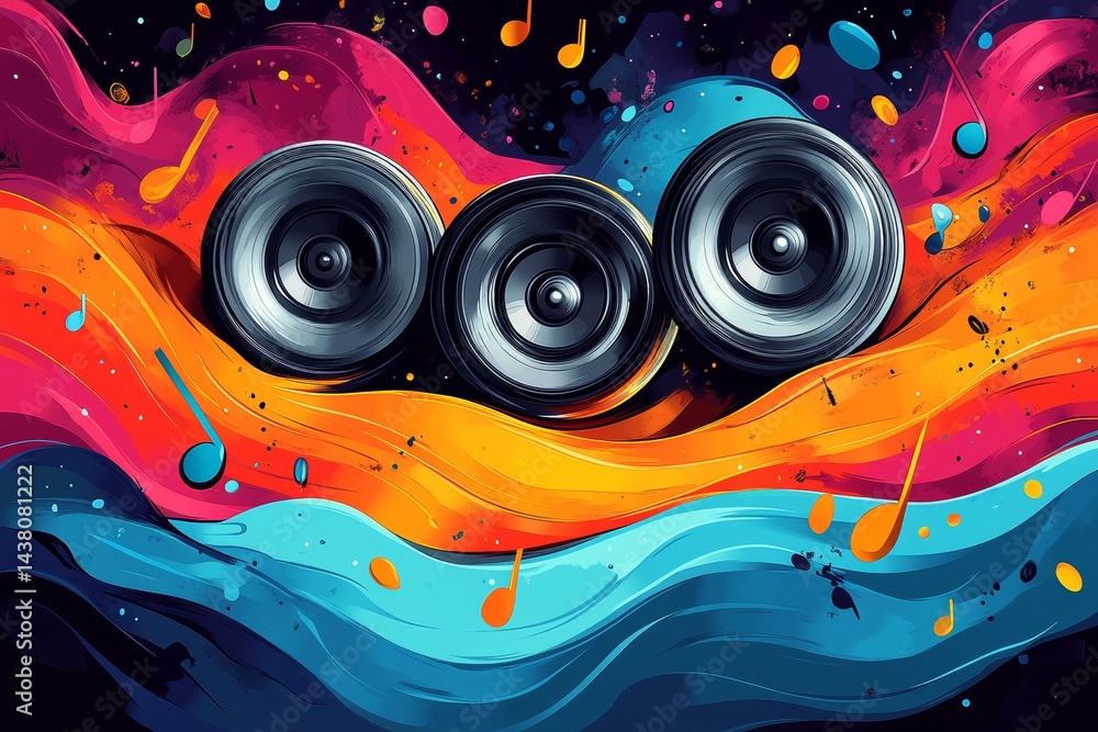 Obraz premium Colorful music speakers, vibrant waves, party background, event poster