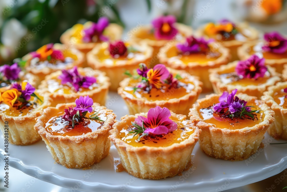 A platter of miniature European tarts with edible flowers and honey drizzle A platter of miniature European tarts with edible flowers and honey drizzle