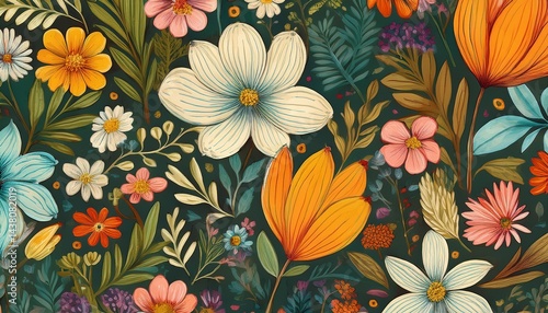 Wallpaper Mural a pattern depicting blooming doodles various small flowers hand painted leaves grass floral background botanical print Torontodigital.ca