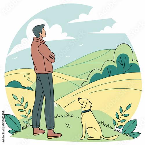 Man and His Dog Admiring a Beautiful Landscape – Vector Illustration