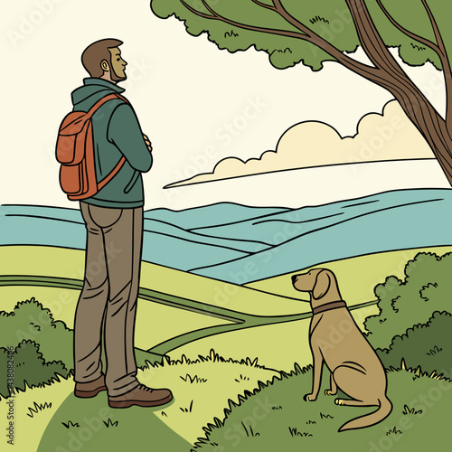 Man and His Dog Admiring a Beautiful Landscape – Vector Illustration