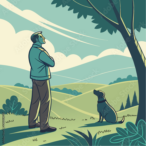 Man and His Dog Admiring a Beautiful Landscape – Vector Illustration