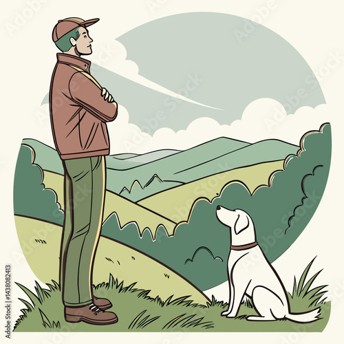 Man and His Dog Admiring a Beautiful Landscape – Vector Illustration