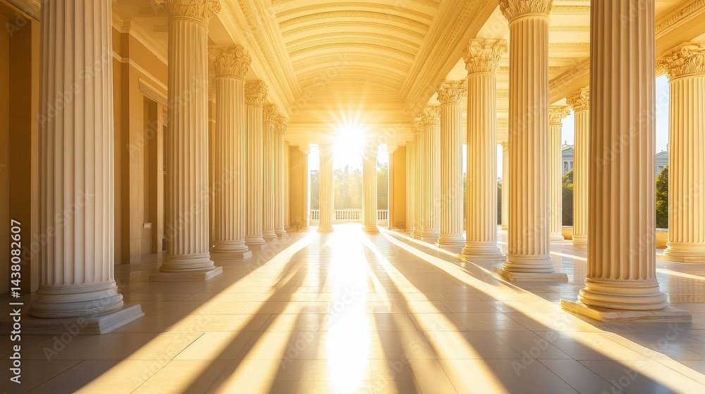 Naklejka premium A grand colonnade with classical pillars is illuminated by bright sunlight streaming through, casting long shadows on the marble floor.