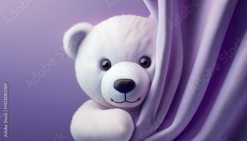 cute white teddy bear peeking out from a fabric against a pastel lilac background generative ai