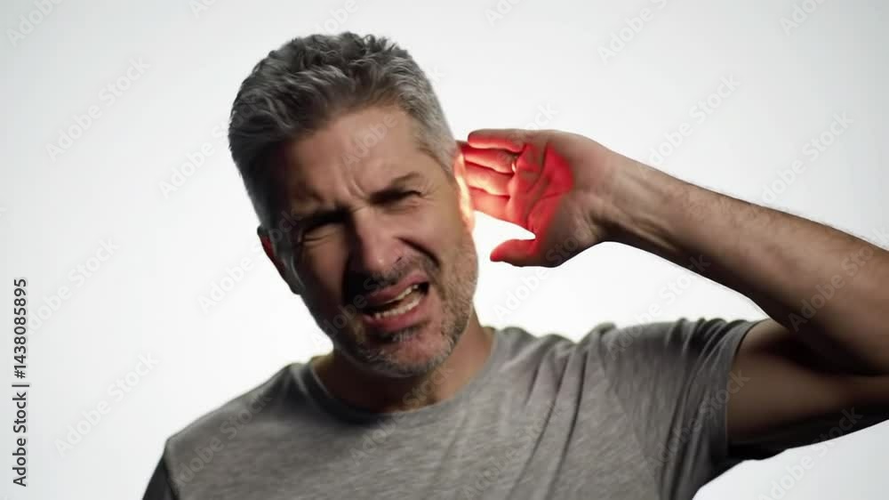 Man Experiencing Ear Pain Redness Around Ear Isolated On White Man Experiencing Ear Pain Redness Around Ear Isolated On White