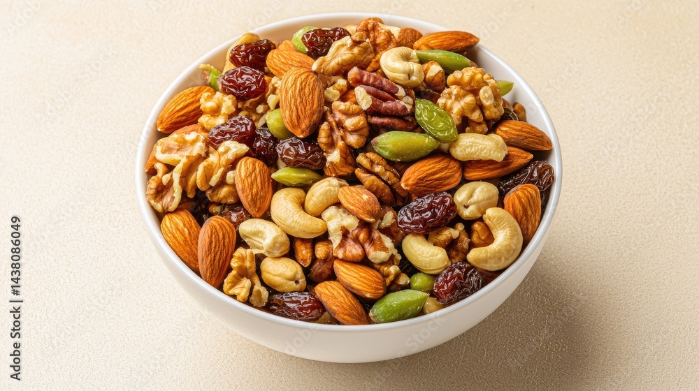 A white bowl filled with a mix of almonds, walnuts, cashews, raisins, and pistachios. A white bowl filled with a mix of almonds, walnuts, cashews, raisins, and pistachios.