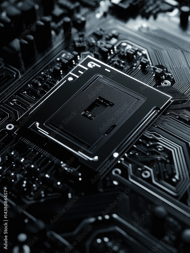 Fototapeta premium A close-up image of a highly detailed and complex electronic chip, showcasing its intricate circuitry and design elements. The chip is the central focus against a dark background, emphasizing its