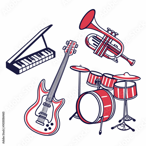 Musical Instruments Collection – Guitar, Piano, Drum Set, and Trumpet Vector Illustration on White Background