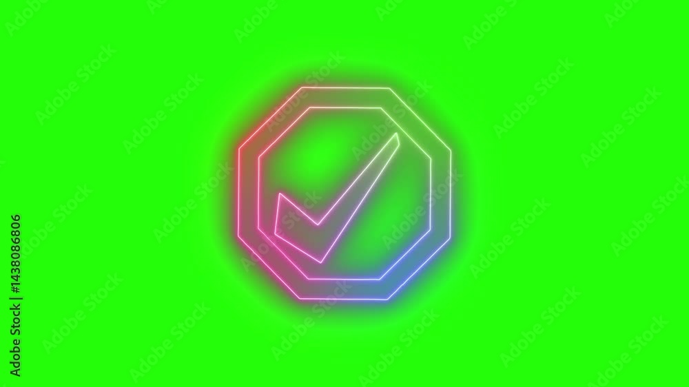 Vivid Neon Check Mark Looping Animation, Neon Checkmark in Octagonal Frame Vivid Neon Check Mark Looping Animation, Neon Checkmark in Octagonal Frame