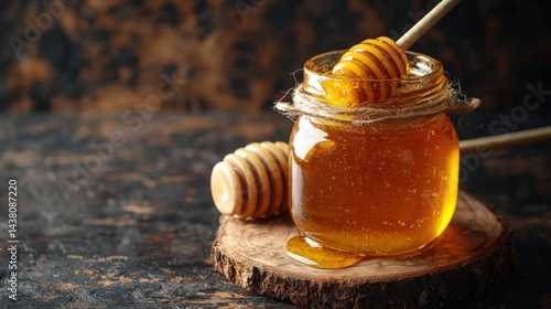 Rich Golden Honey in a Glass Jar with Wooden Dipper on a Rustic Wooden Surface for Natural Sweetness and Healthy Food Choice