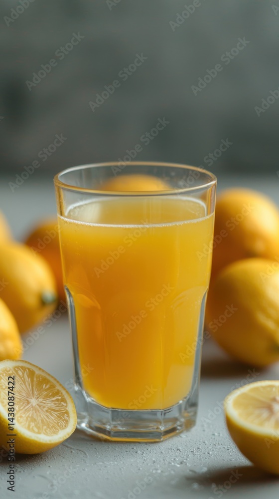 Fototapeta premium Refreshing glass of freshly squeezed lemon juice with ripe yellow lemons on a textured surface with a blurred background perfect for beverages and healthy drinks themes