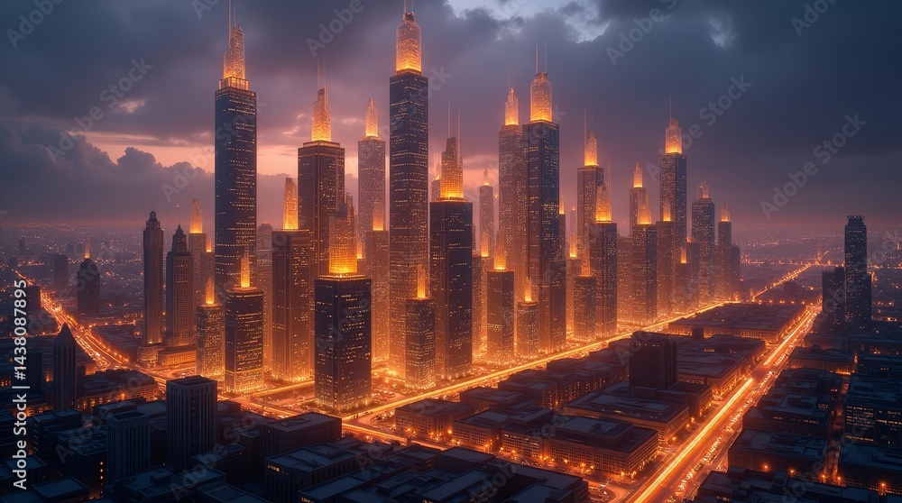 Obraz premium Futuristic Golden Bar Chart Cityscape for Premium Corporate Growth Presentations