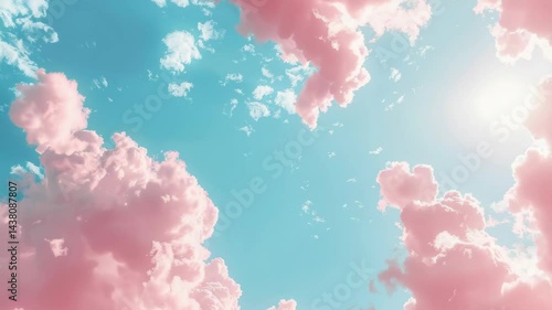 Pink clouds in the sky with a blue sky background. The sky is clear and the sun is shining brightly