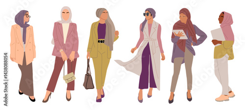 Stylish muslim business women wearing modern smart casual outfit and hijab. Pretty girls in fashionable office look. Vector realistic female characters isolated on transparent background.