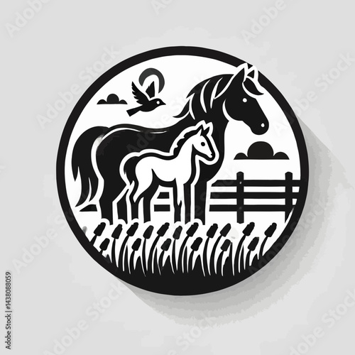 Horse and Foal in a Field with Bird on Fence