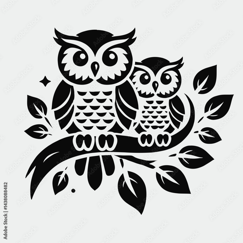 Fototapeta premium Owl and Owlet Perched Together on a Branch