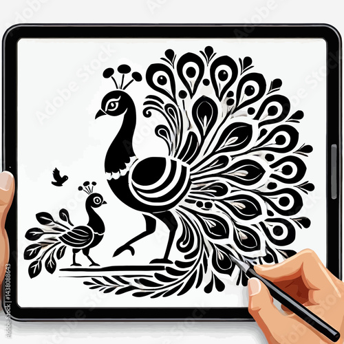 Peacock with a Chick Following Her