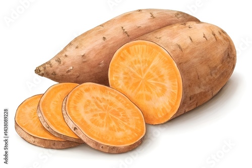 Freshly Harvested Sweet Potato with Cross-Sections - Vibrant Orange Flesh and Rough Skin