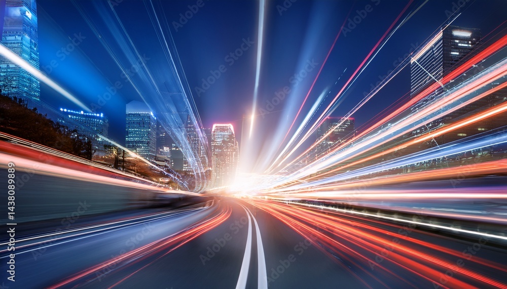abstract long exposure dynamic speed light trails in an urban environment.