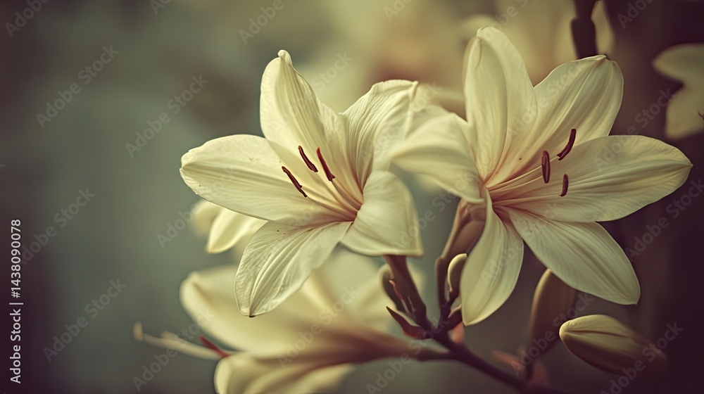 Fototapeta premium Close-up view of two delicate, pale yellow lilies.