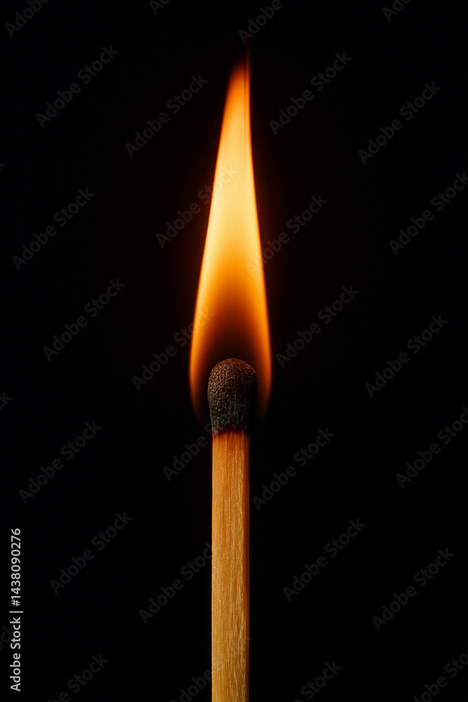 A single lit matchstick standing upright with a strong orange flame, isolated against a deep black background for dramatic effect A single lit matchstick standing upright with a strong orange flame, isolated against a deep black background for dramatic effect