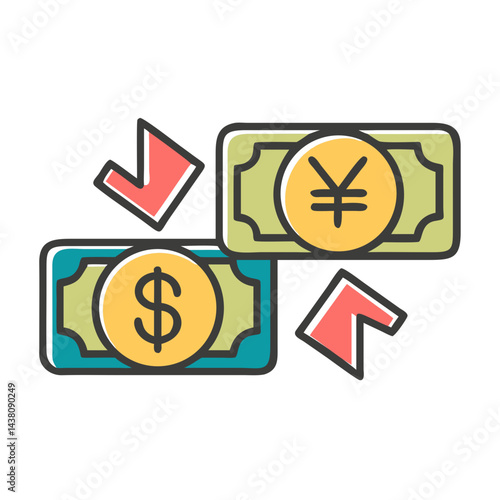icon representing currency exchange,showing dollar and yen symbol with arrows,suggesting financial transactions for finance blogs,travel websites,or international business sites