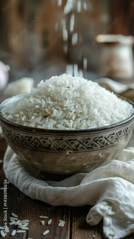 A bowl of white rice is sitting on a wooden table. The rice is piled high in the bowl, and the bowl itself is a beautiful, ornate design. The scene is simple and peaceful A bowl of white rice is sitting on a wooden table. The rice is piled high in the bowl, and the bowl itself is a beautiful, ornate design. The scene is simple and peaceful