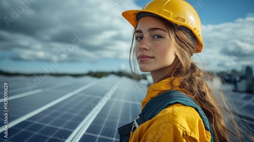 Young woman in yellow workwear and helmet stands confidently by solar panels under a blue sky