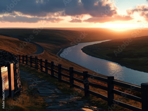 Wallpaper Mural A winding river reflects the golden sunset, bordered by rolling hills and a rustic wooden fence. Torontodigital.ca