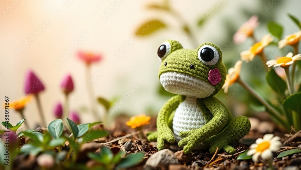 Fototapeta premium A crocheted frog sitting in the middle of a field of flowers