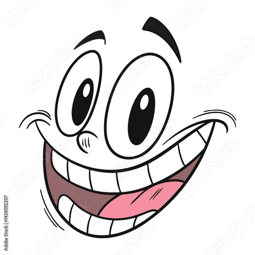 Cartoon Face with Huge Smile, Open Mouth, Big Eyes, and Black Outlines on White