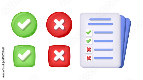3D Acceptance and Rejection Icons. Check and Cross Marks, Checklist Paper, Right and Wrong Symbols, Do and Don’t Concept Illustration.