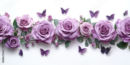 Stylized image of purple roses arranged in a bouquet, adorned with butterflies and greenery on a white background.