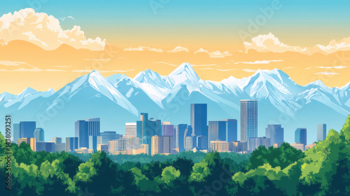 Denver skyline with majestic mountains in the background denver skyline mountains colorado cityscape Horizon Illustration.