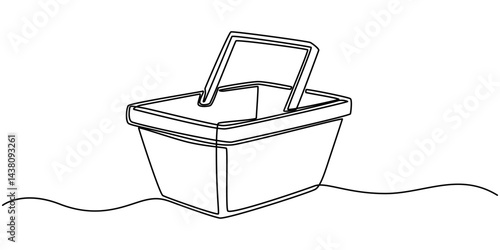 Vector continuous one single line drawing icon of empty shopping basket in silhouette sketch on a white background. Linear stylized, One continuous line drawing of shopping cart. Shopping concept.
