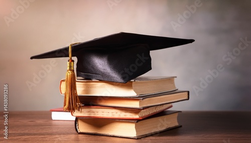 Graduation hat and stack of study books. Concept of learning, education and graduation