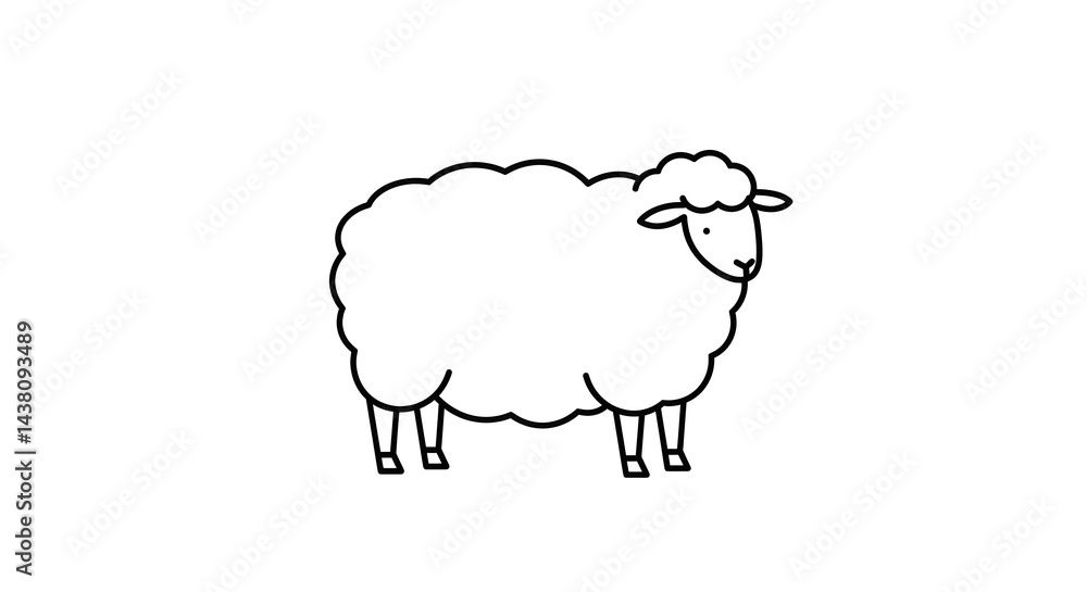 Illustration of a Sheep Standing, Black Outline on White Background Illustration of a Sheep Standing, Black Outline on White Background