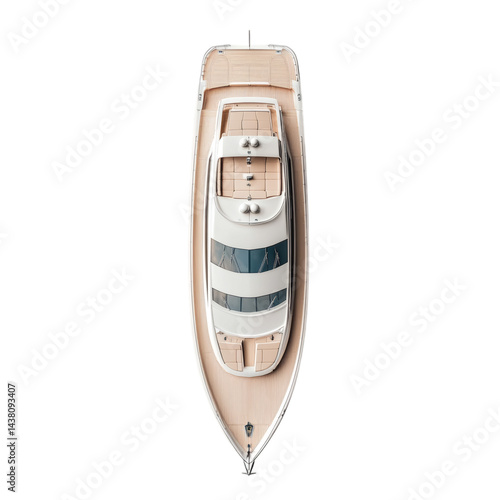 realistic top view of private yacht isolated on clean white background, positioned centrally with space around, detailed marine adventure style