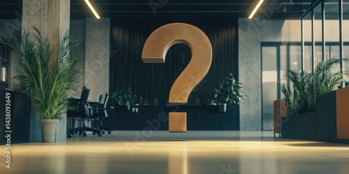 An office environment with a large question mark graphic placed strategically in the middle of the room, prompting viewers to ponder about the mystery or challenge that the office may be facing. The